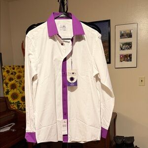 Tayion by Montee Holland White Button-Down Shirt with Purple Collar & Trim